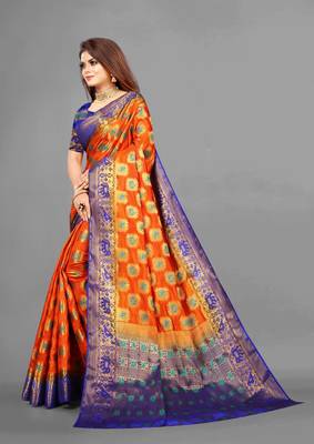 Orange woven art silksaree with blouse 2
