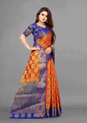 Orange woven art silksaree with blouse 3