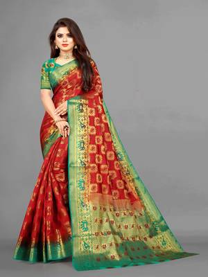 Red woven art silksaree with blouse 1