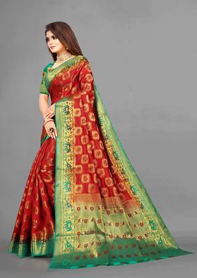Red woven art silksaree with blouse 2