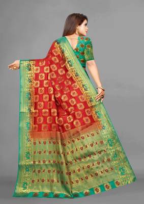 Red woven art silksaree with blouse 3