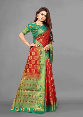 Red woven art silksaree with blouse 4