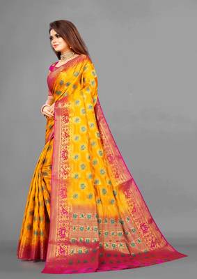 Yellow woven art silksaree with blouse 2