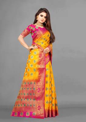 Yellow woven art silksaree with blouse 4