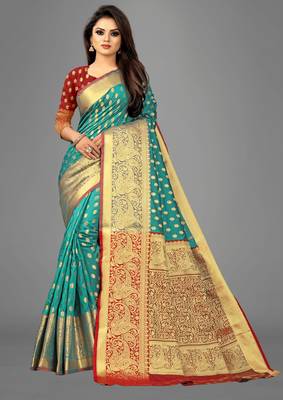 Sea green woven art silksaree with blouse 1