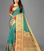 Sea green woven art silksaree with blouse