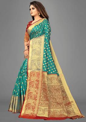Sea green woven art silksaree with blouse 2