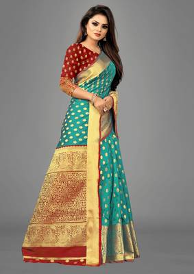 Sea green woven art silksaree with blouse 3
