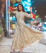 Cream Colored Based Banarasi Silk Flared Kurta