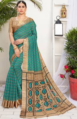 Turquoise printed linen saree with blouse 1
