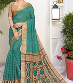 Turquoise printed linen saree with blouse