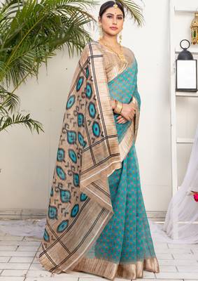 Turquoise printed linen saree with blouse 2