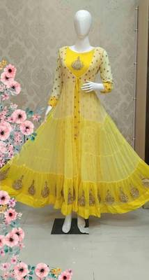 Yellow Colored Georgette With Zari Work Kurta Along with Attached Jacket 1