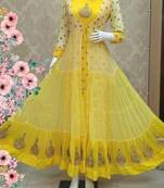 Yellow Colored Georgette With Zari Work Kurta Along with Attached Jacket