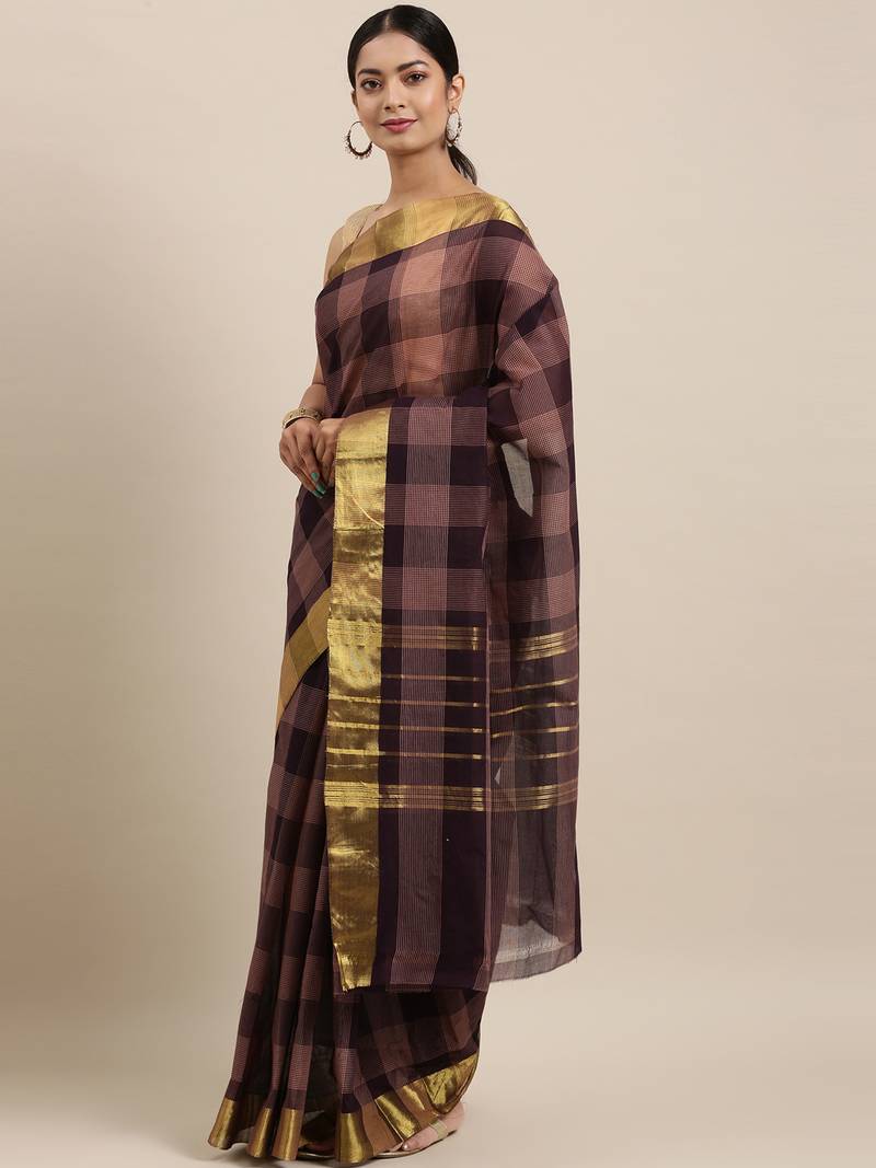 Brown pure cotton woven  saree