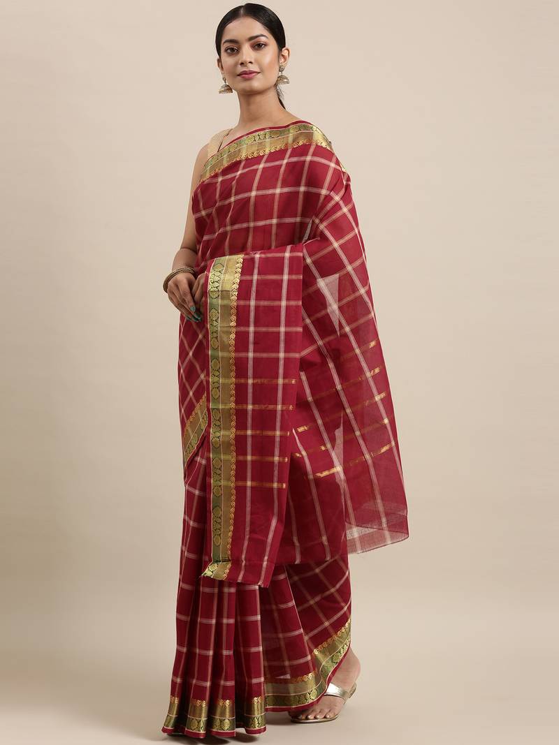 Maroon pure cotton woven  saree