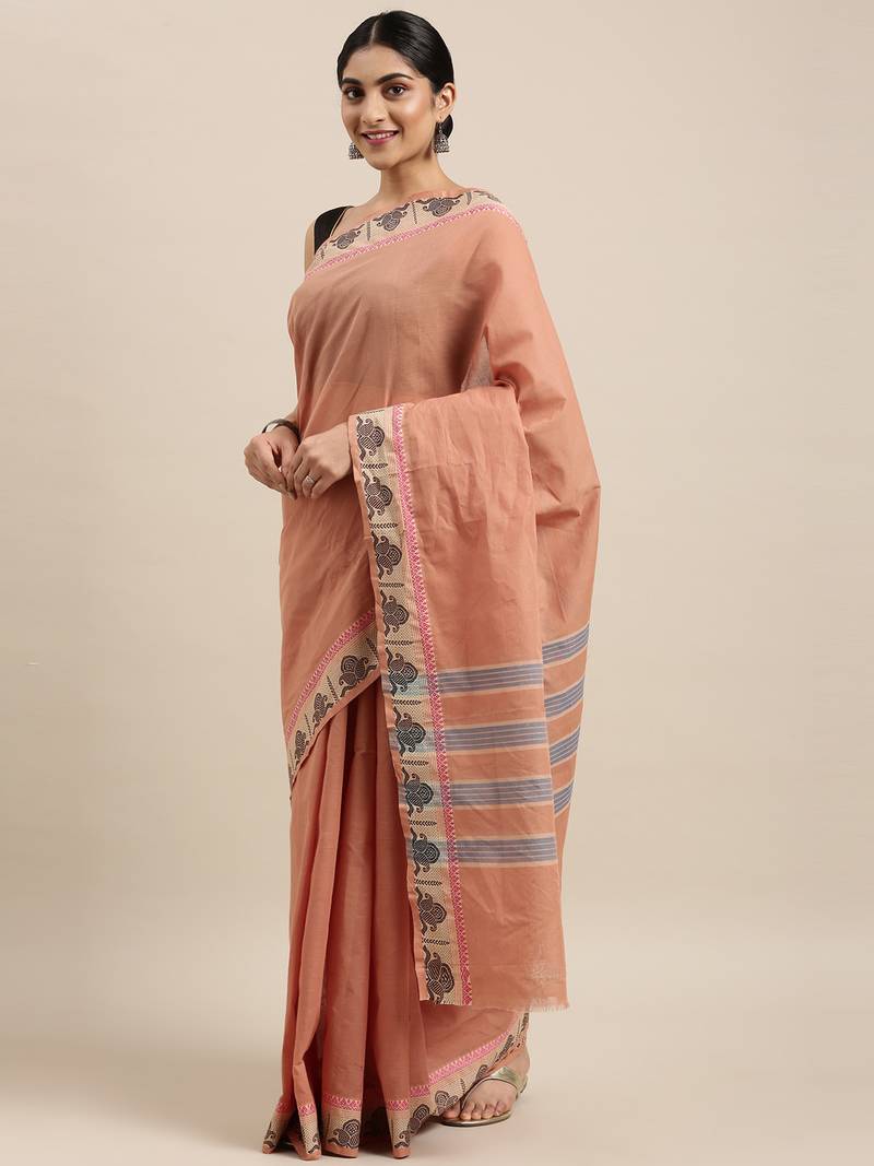 Brown pure cotton woven  saree