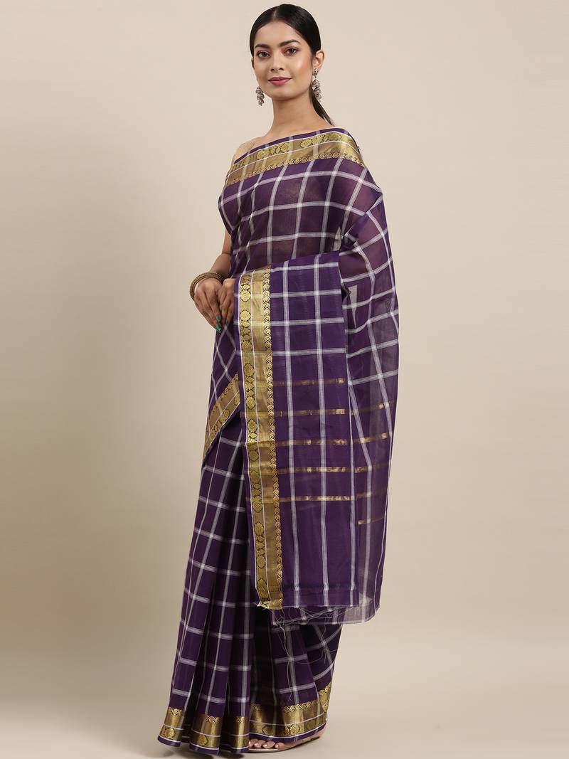 Violet pure cotton woven  saree