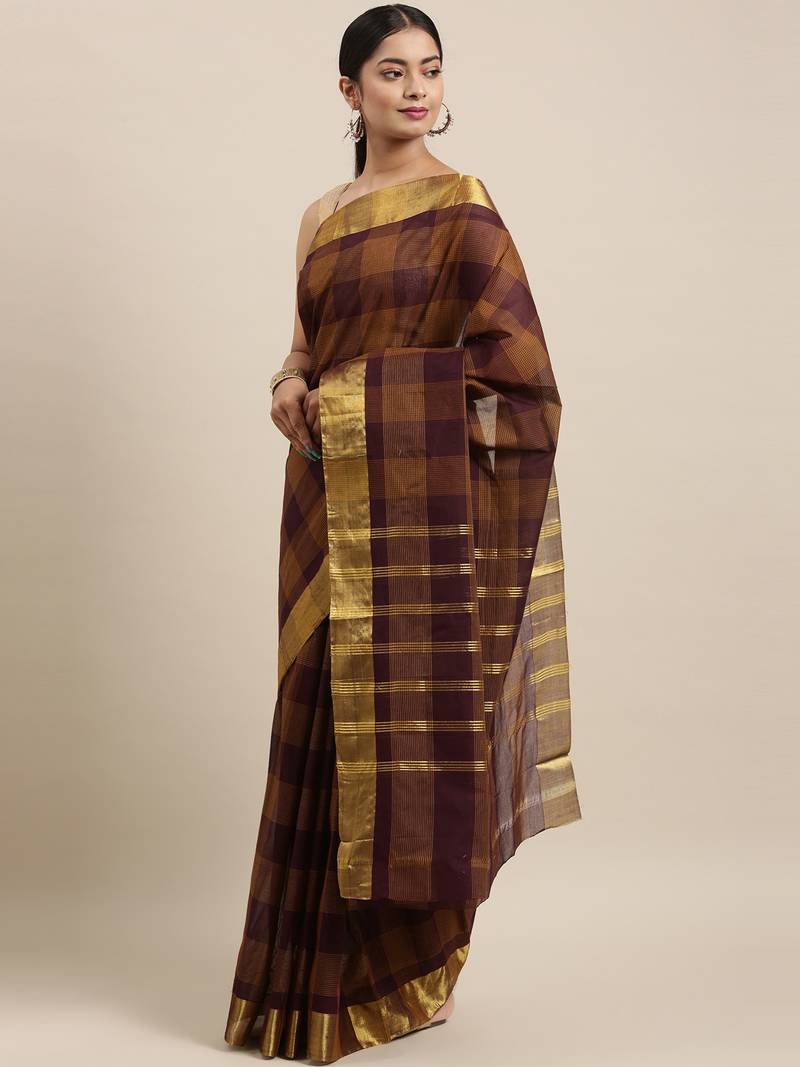 Brown pure cotton woven  saree