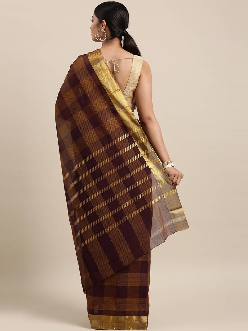 Brown pure cotton woven  saree
