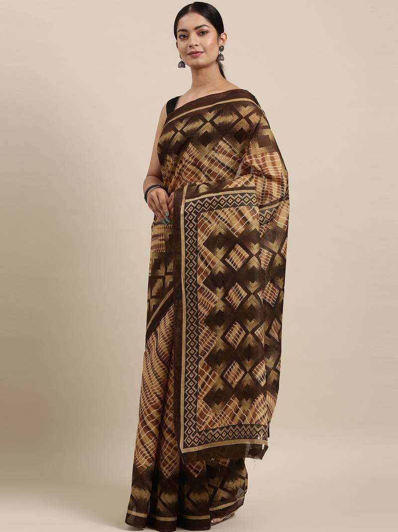 Mustard pure cotton printed  saree with  blouse