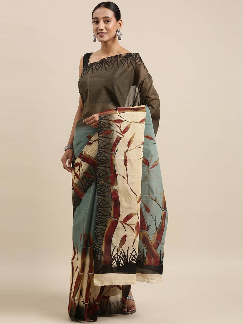 Green pure cotton printed  saree with  blouse