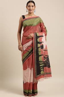 Rust pure cotton printed  saree with  blouse