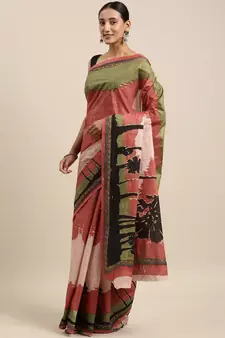 Rust pure cotton printed  saree with  blouse