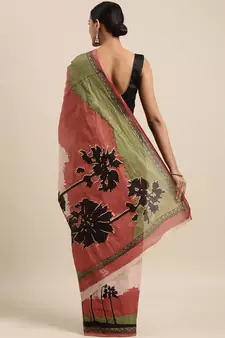 Rust pure cotton printed  saree with  blouse