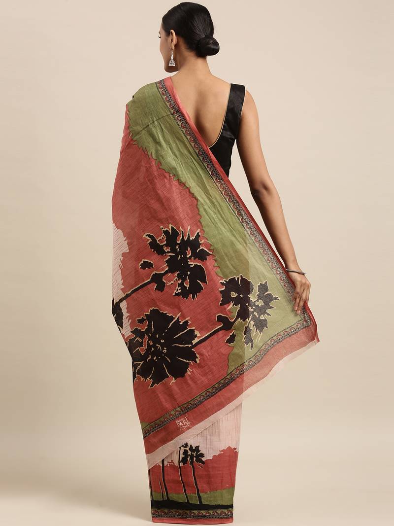 Rust pure cotton printed  saree with  blouse
