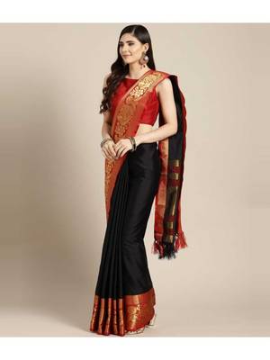 Black printed art silk saree with blouse 1