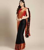 Black printed art silk saree with blouse