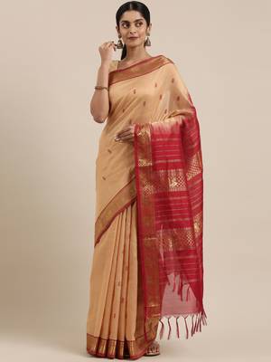 Beige silk cotton hand woven  saree with  blouse 1