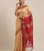 Beige silk cotton hand woven  saree with  blouse