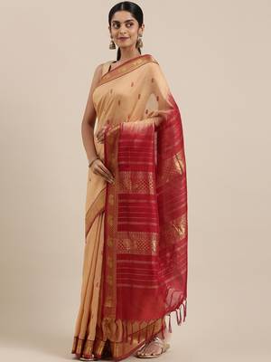 Beige silk cotton hand woven  saree with  blouse 2