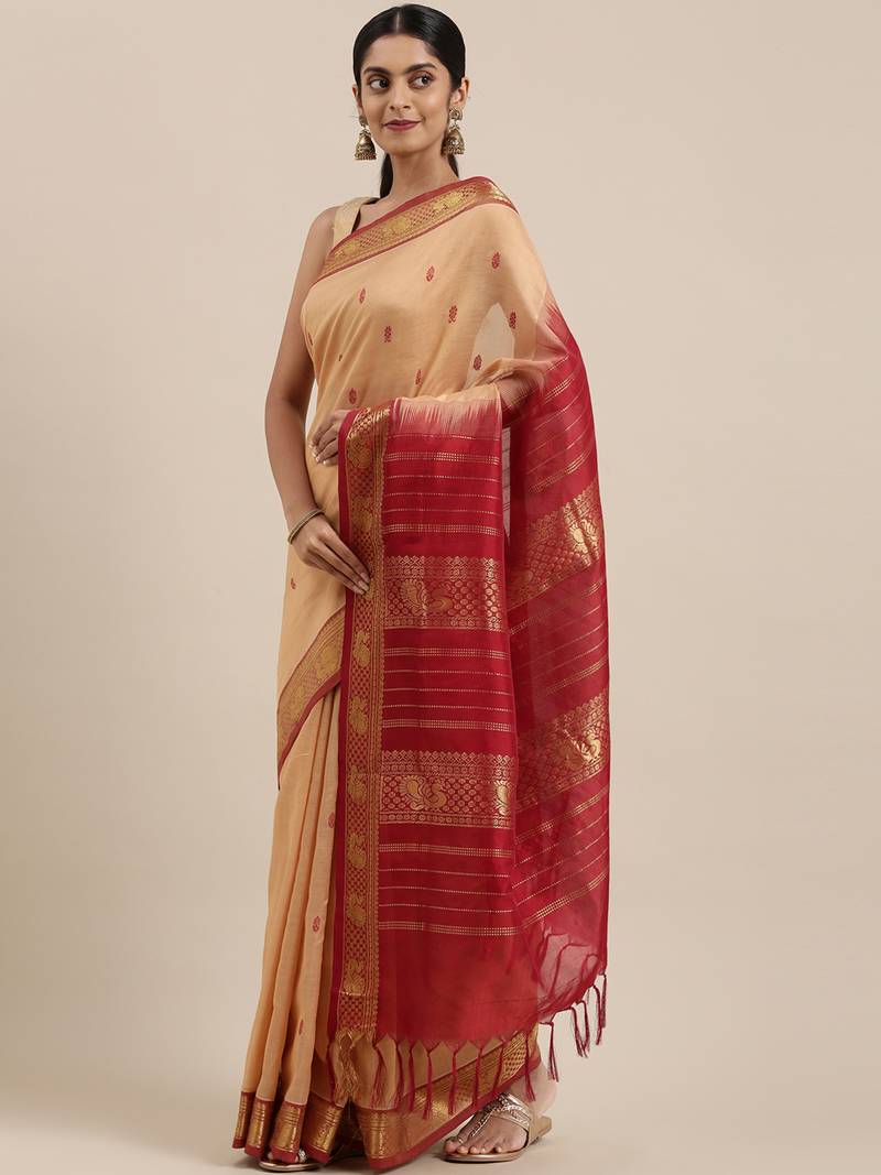 Beige silk cotton hand woven  saree with  blouse