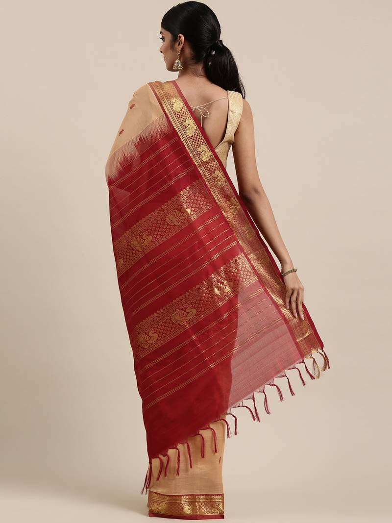 Beige silk cotton hand woven  saree with  blouse