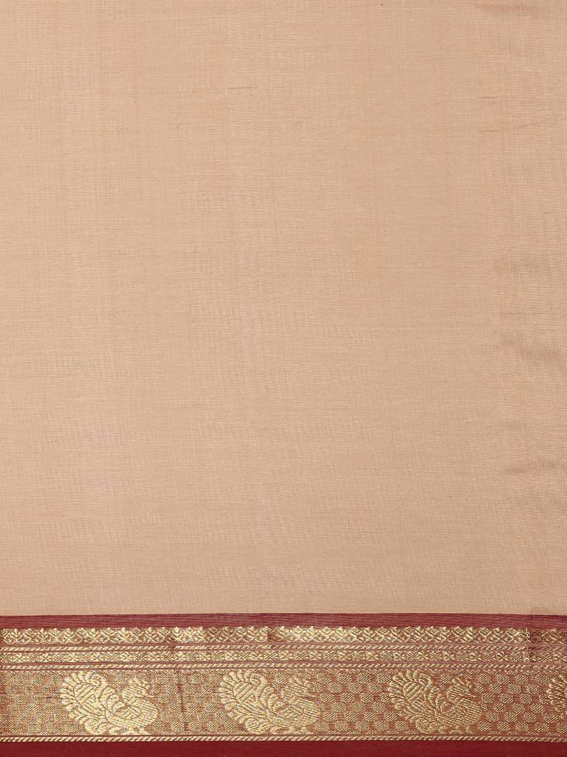 Beige silk cotton hand woven  saree with  blouse