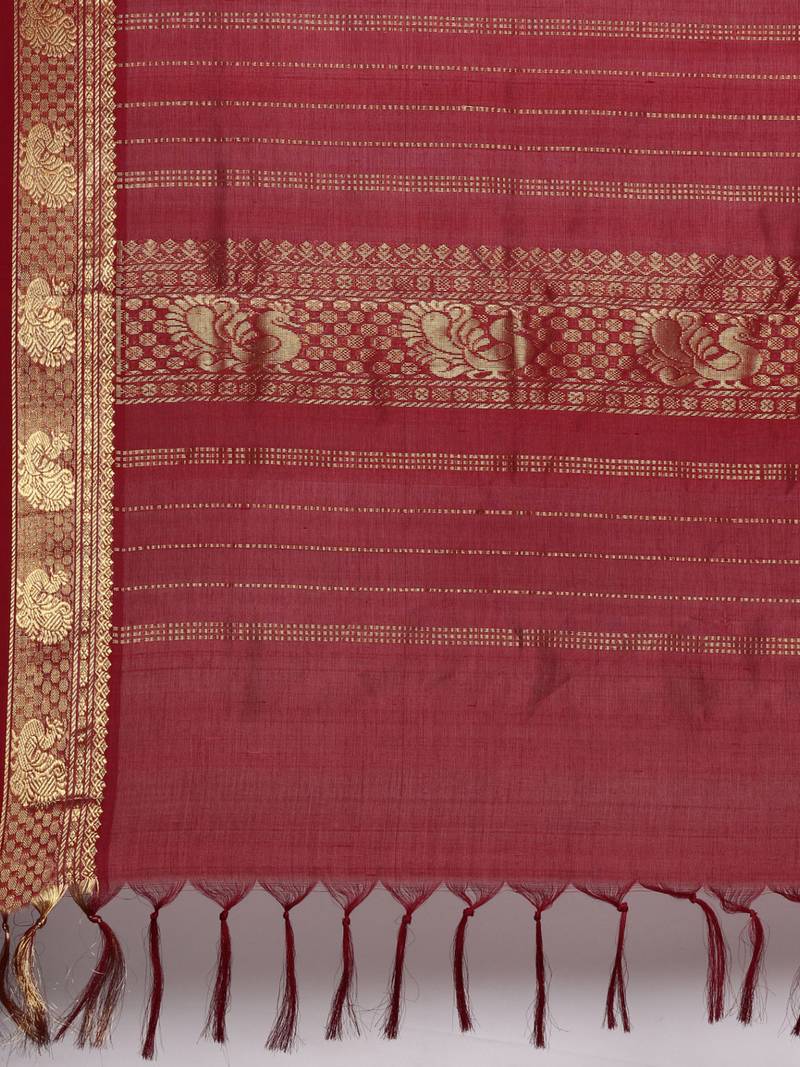 Beige silk cotton hand woven  saree with  blouse