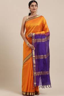 Yellow silk cotton plain  saree with  blouse