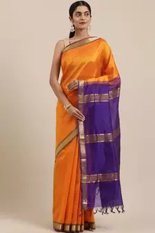 Yellow silk cotton plain  saree with  blouse