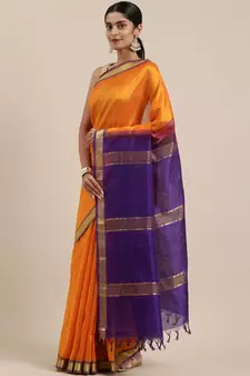 Yellow silk cotton plain  saree with  blouse