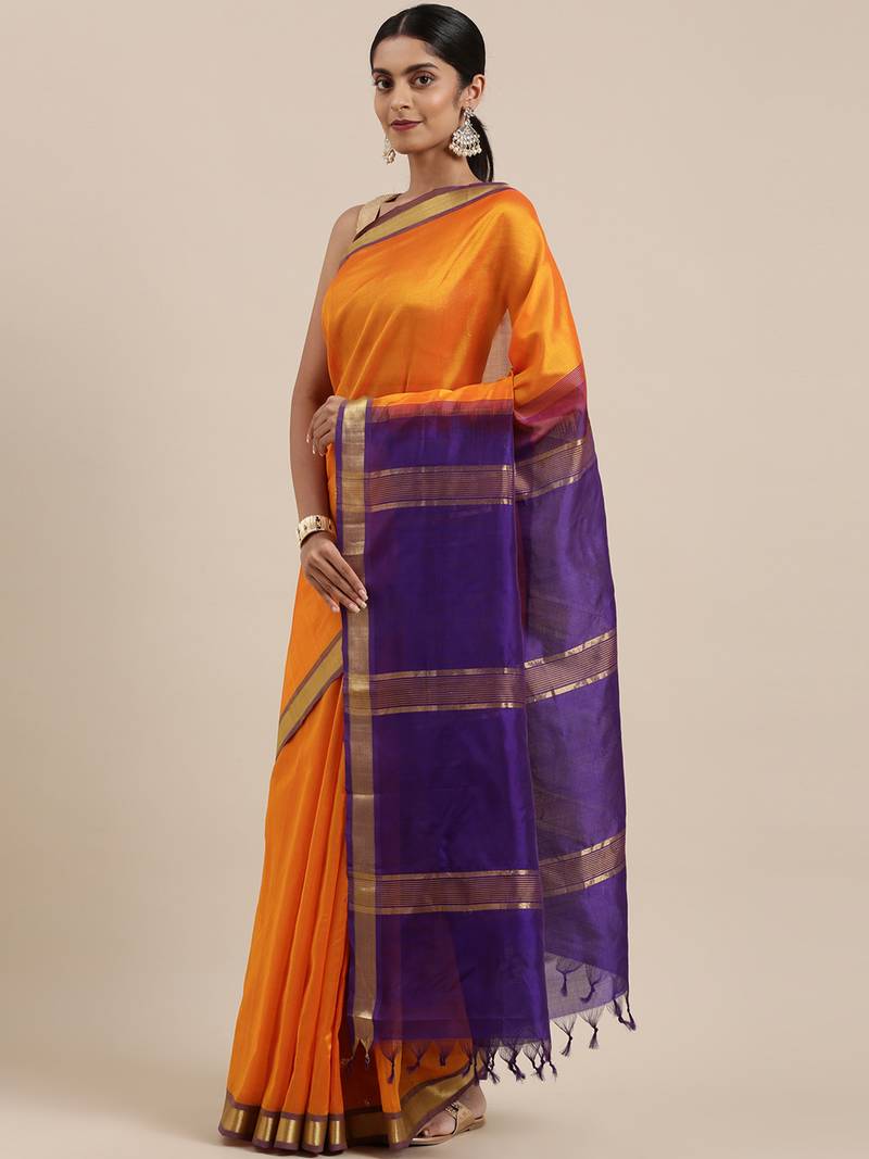 Yellow silk cotton plain  saree with  blouse