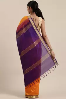 Yellow silk cotton plain  saree with  blouse