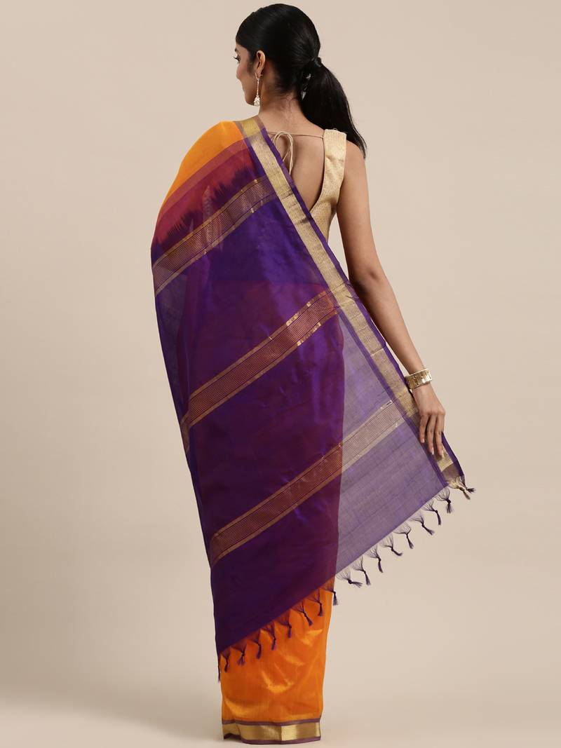 Yellow silk cotton plain  saree with  blouse