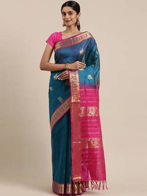 blue silk cotton woven  saree with  blouse 1