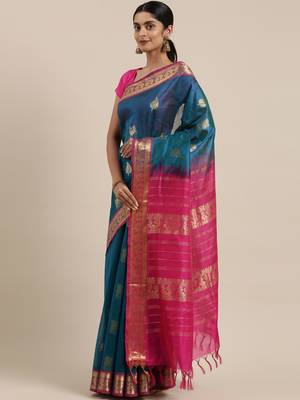 blue silk cotton woven  saree with  blouse 2