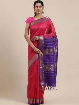 pink silk cotton woven  saree with  blouse 1