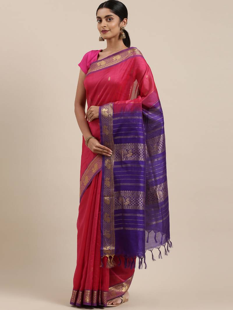 pink silk cotton woven  saree with  blouse