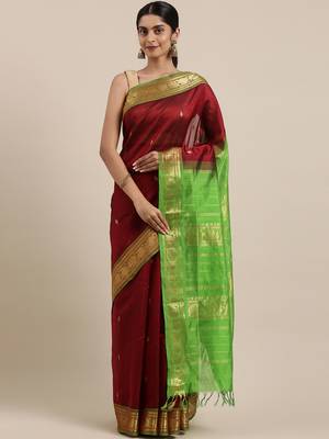 maroon silk cotton woven  saree with  blouse 1